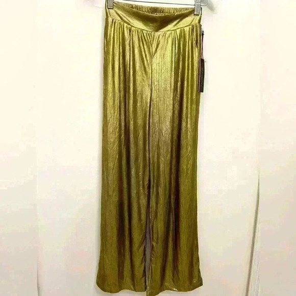 Rachel Zoe Gold Metallic Women Elastic Waist Stretch Wide Leg Pants Size XS NWT - Picture 1 of 6